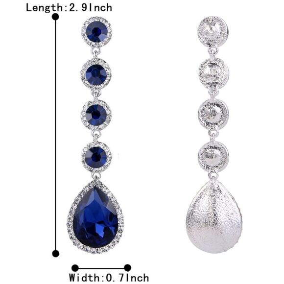 Silver with Sapphire Blue Diamond Austrian Crystal Teardrop Chandelier Earrings - Picture 6 of 6